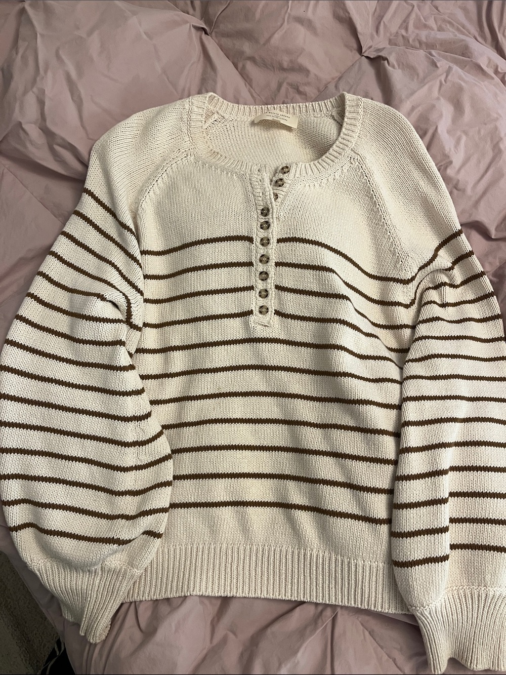 Sézane Striped Cream and Brown Button-Front Sweater